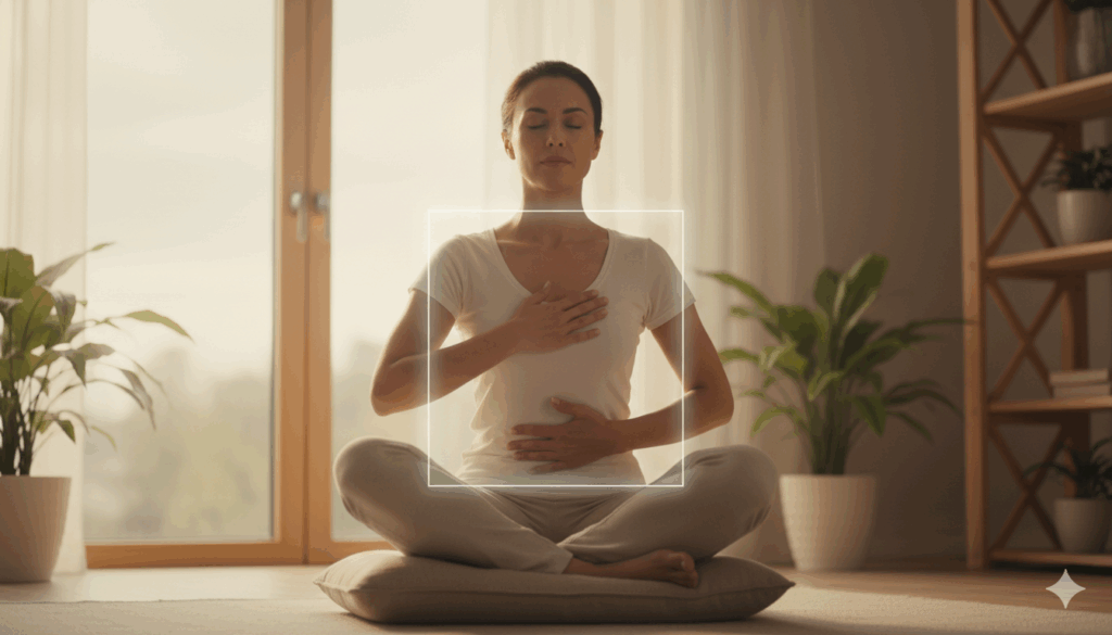 Técnica 4x4 para liberar la ansiedad rápidamente calma tu ansiedad practicando respiración 4x4 con luz de amanecer y expresión de calma