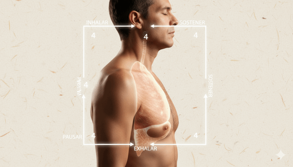 Qué es la respiración 4x4 y cómo equilibra tu sistema hombre respirando profundamente mostrando el ciclo 4x4 de inhalar, sostener, exhalar y pausar