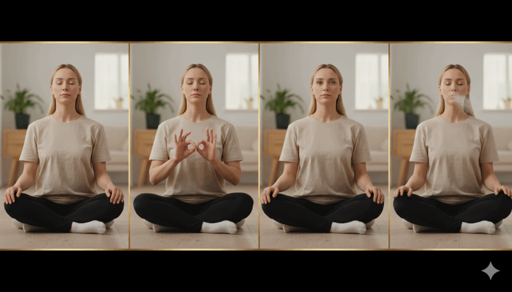 Guía práctica para dominar la respiración 4x4 secuencia visual de mujer practicando respiración 4x4 paso a paso