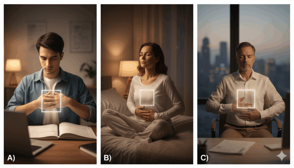 Beneficios de la respiración 4x4 en tu día a día personas practicando respiración 4x4 en distintos momentos del día